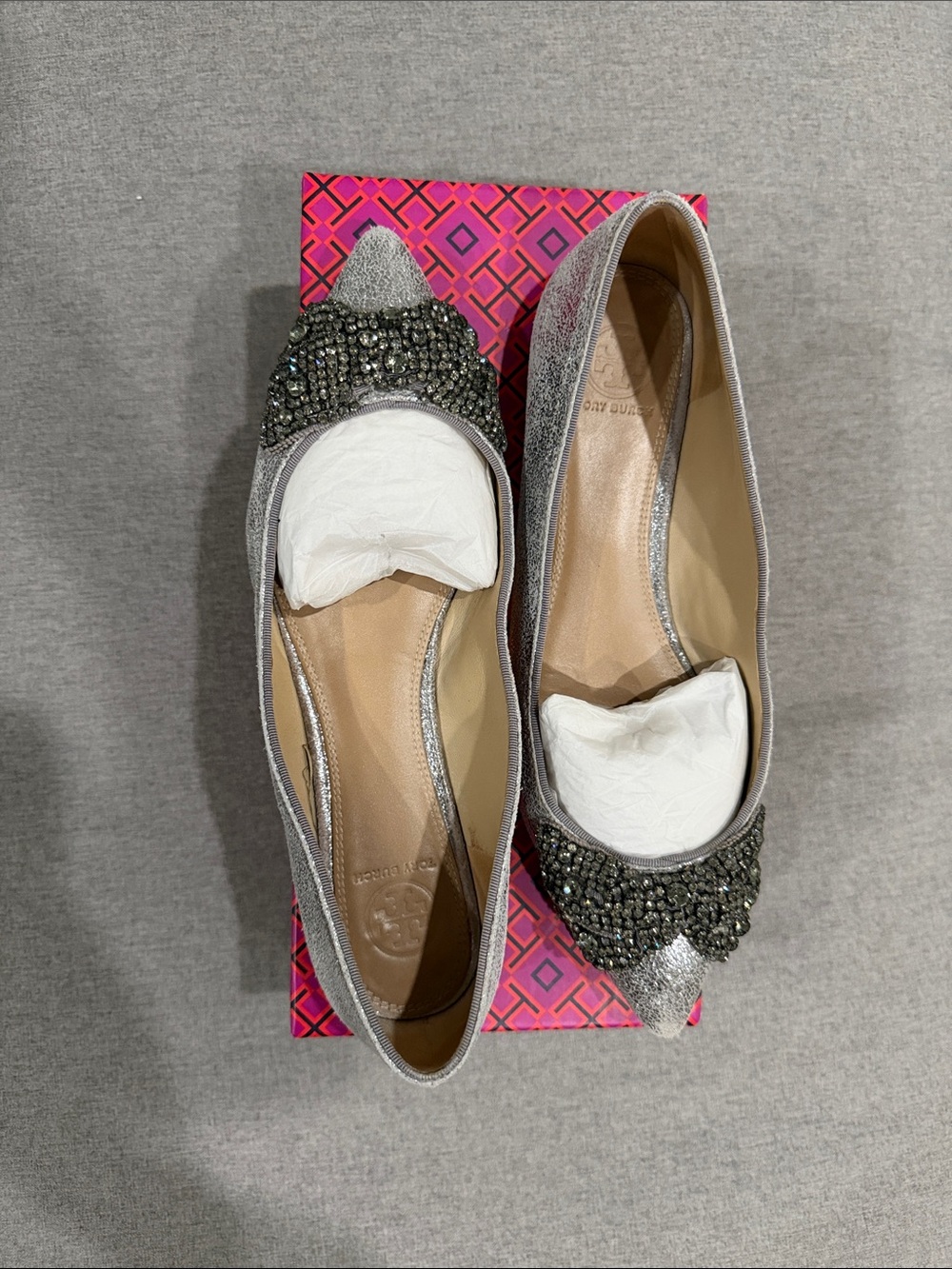 Tory Burch Silver Pointed Toe Embellished Women's Ballet Flats